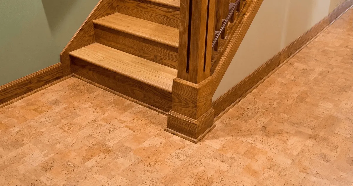 End of a staircase with cork flooring in Omaha, NE